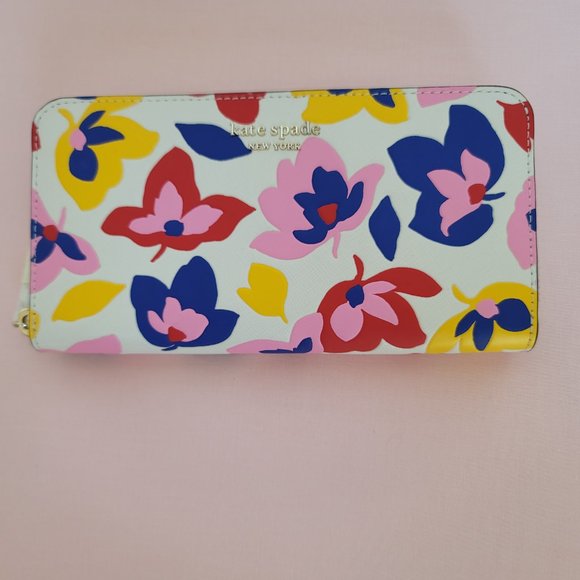 KATE SPADE Spencer Summer Flower Embossed Zip-around Continental Wallet- Cream ⭐ - Picture 5 of 16